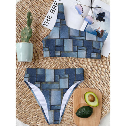 Patchwork Denim Jeans Pattern Print One Shoulder Bikini Top