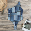 Patchwork Denim Jeans Pattern Print One Shoulder Bodysuit