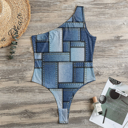 Patchwork Denim Jeans Pattern Print One Shoulder Bodysuit