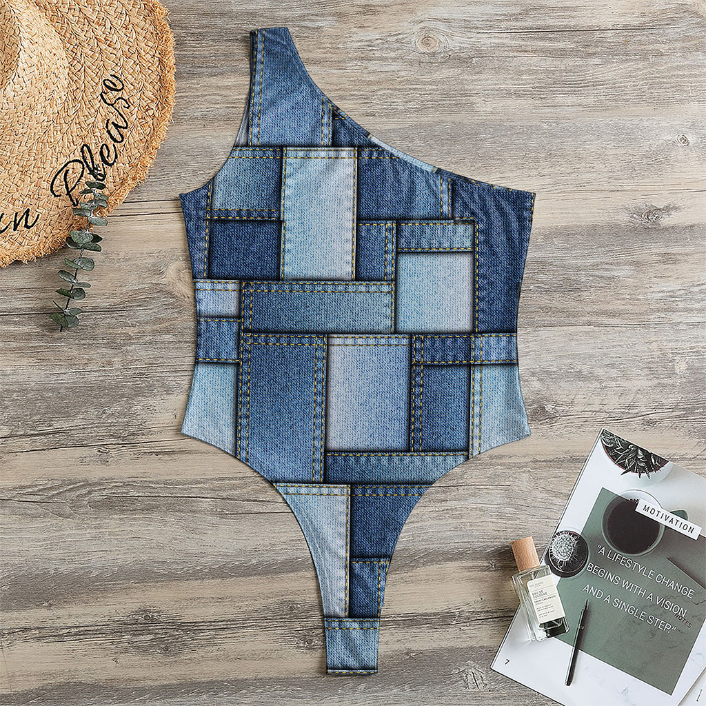 Patchwork Denim Jeans Pattern Print One Shoulder Bodysuit