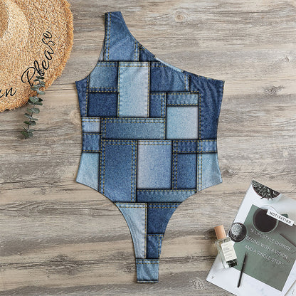 Patchwork Denim Jeans Pattern Print One Shoulder Bodysuit