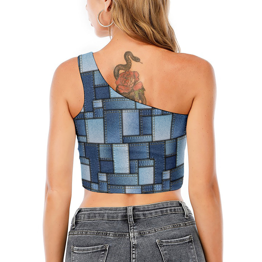 Patchwork Denim Jeans Pattern Print One Shoulder Crop Top