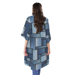 Patchwork Denim Jeans Pattern Print Open Front Beach Cover Up