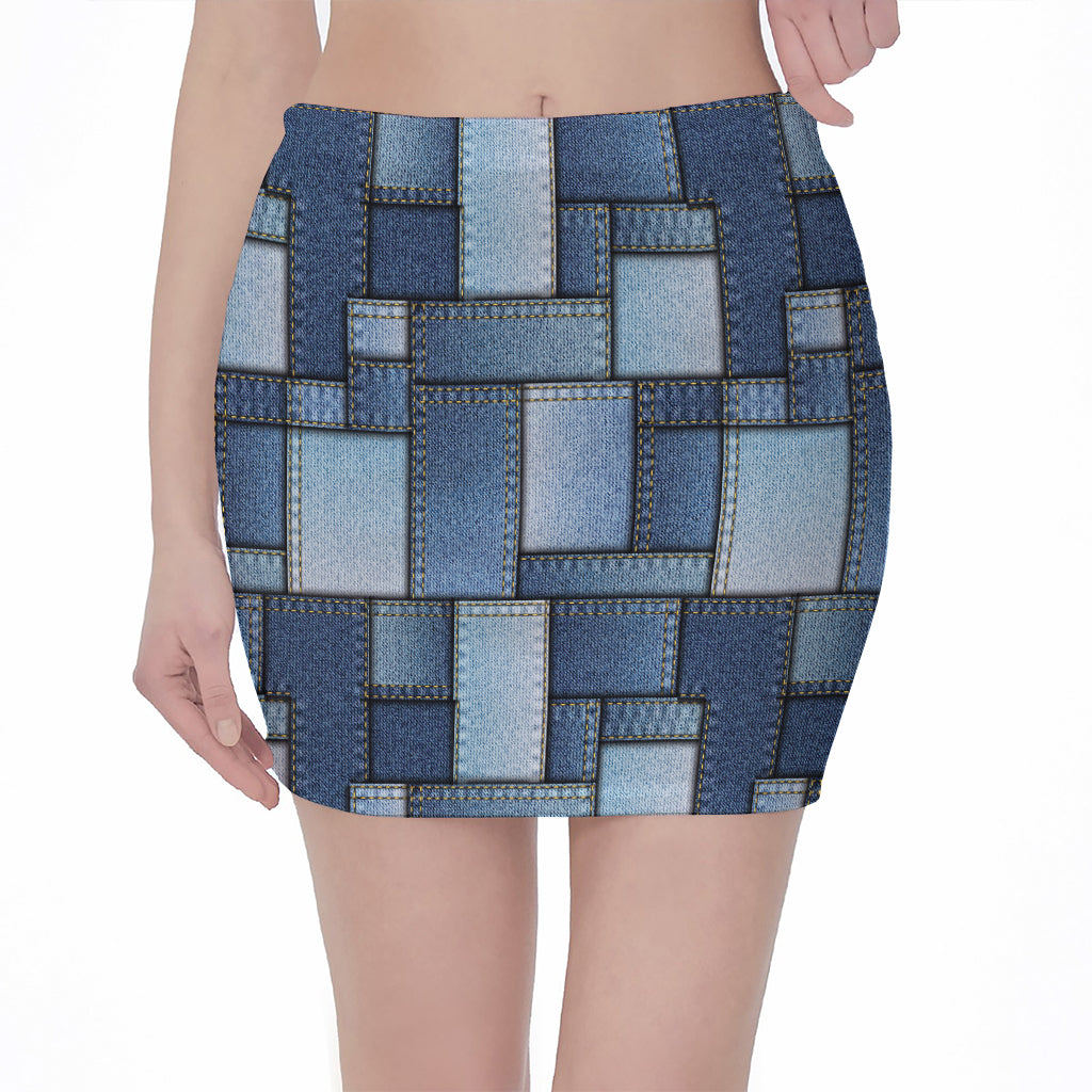 Patchwork Denim Jeans Pattern Print Pencil Mini Skirt