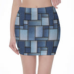 Patchwork Denim Jeans Pattern Print Pencil Mini Skirt