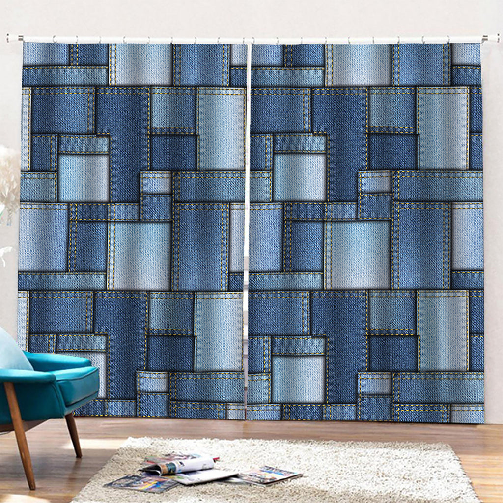 Patchwork Denim Jeans Pattern Print Pencil Pleat Curtains