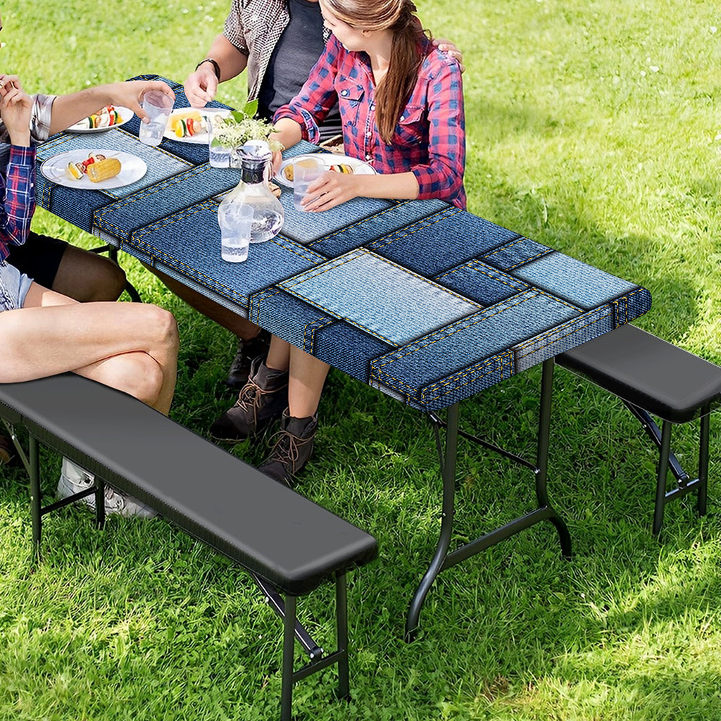 Patchwork Denim Jeans Pattern Print Picnic Table Cover