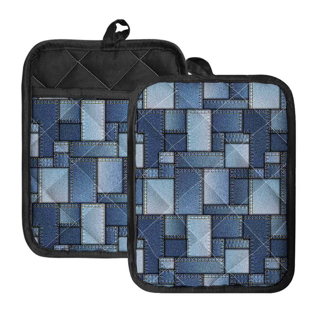 Patchwork Denim Jeans Pattern Print Pot Holders With Pocket