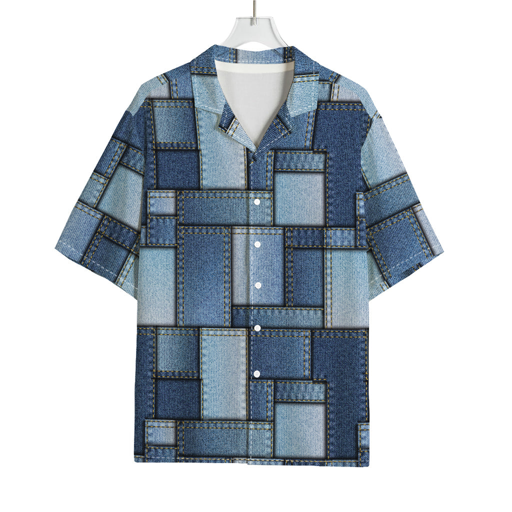 Patchwork Denim Jeans Pattern Print Rayon Hawaiian Shirt