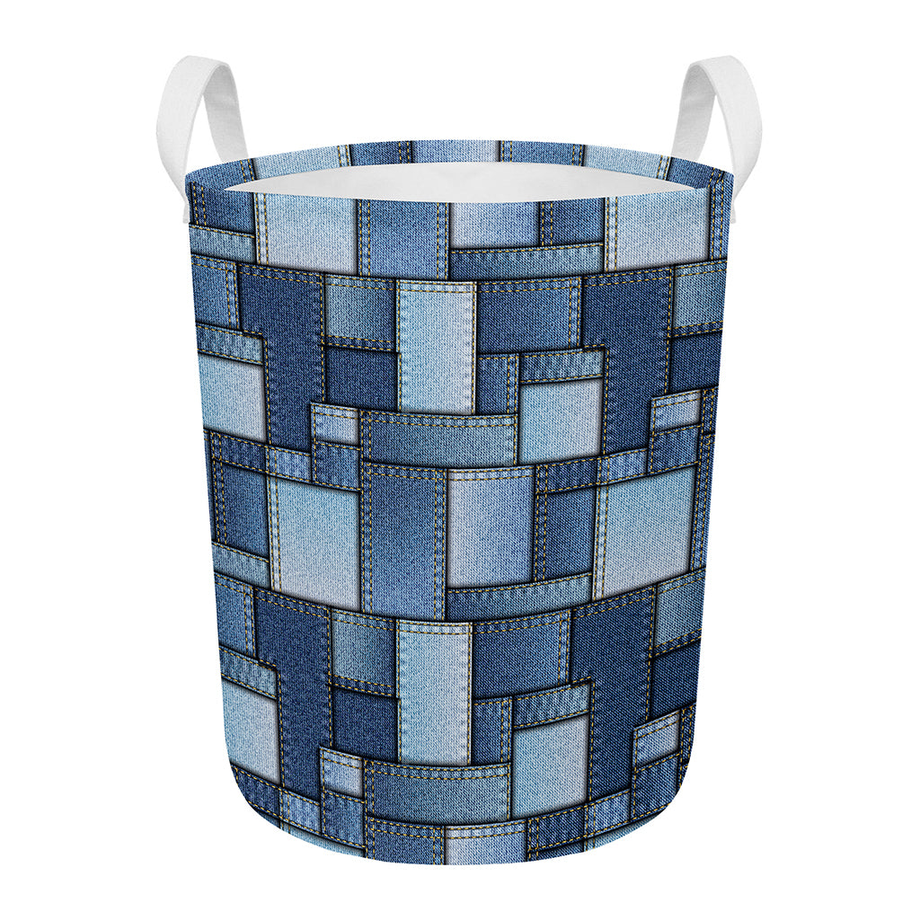 Patchwork Denim Jeans Pattern Print Round Laundry Basket