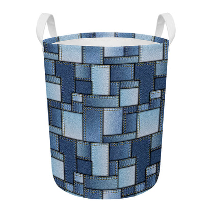 Patchwork Denim Jeans Pattern Print Round Laundry Basket