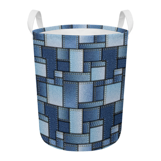 Patchwork Denim Jeans Pattern Print Round Laundry Basket