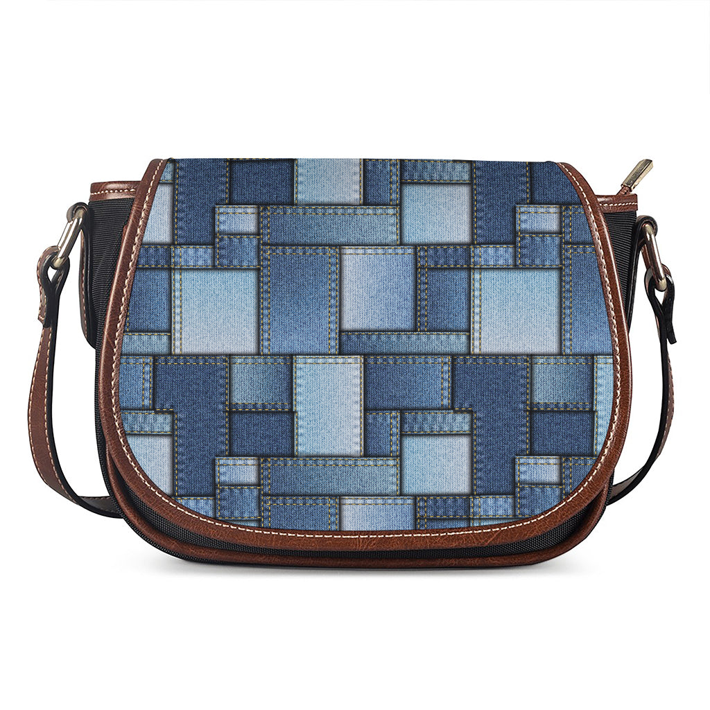 Patchwork Denim Jeans Pattern Print Saddle Bag