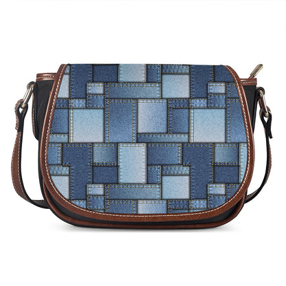 Patchwork Denim Jeans Pattern Print Saddle Bag