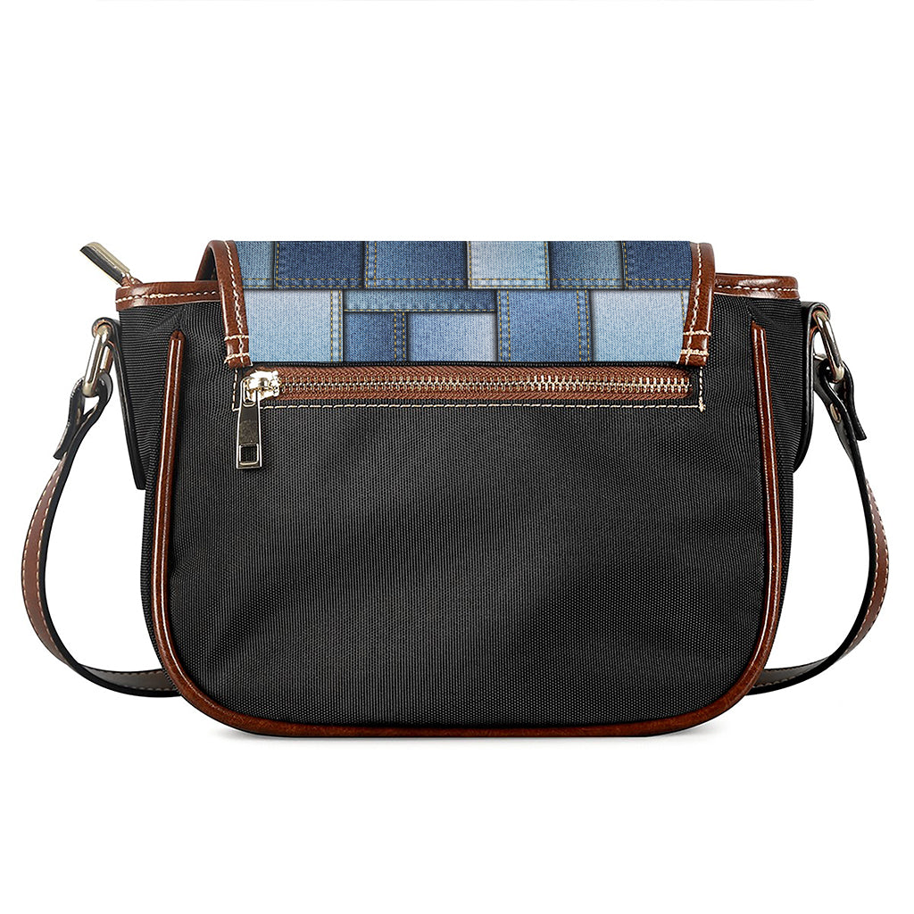 Patchwork Denim Jeans Pattern Print Saddle Bag
