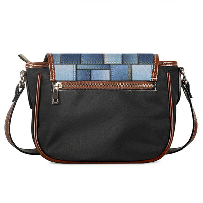 Patchwork Denim Jeans Pattern Print Saddle Bag