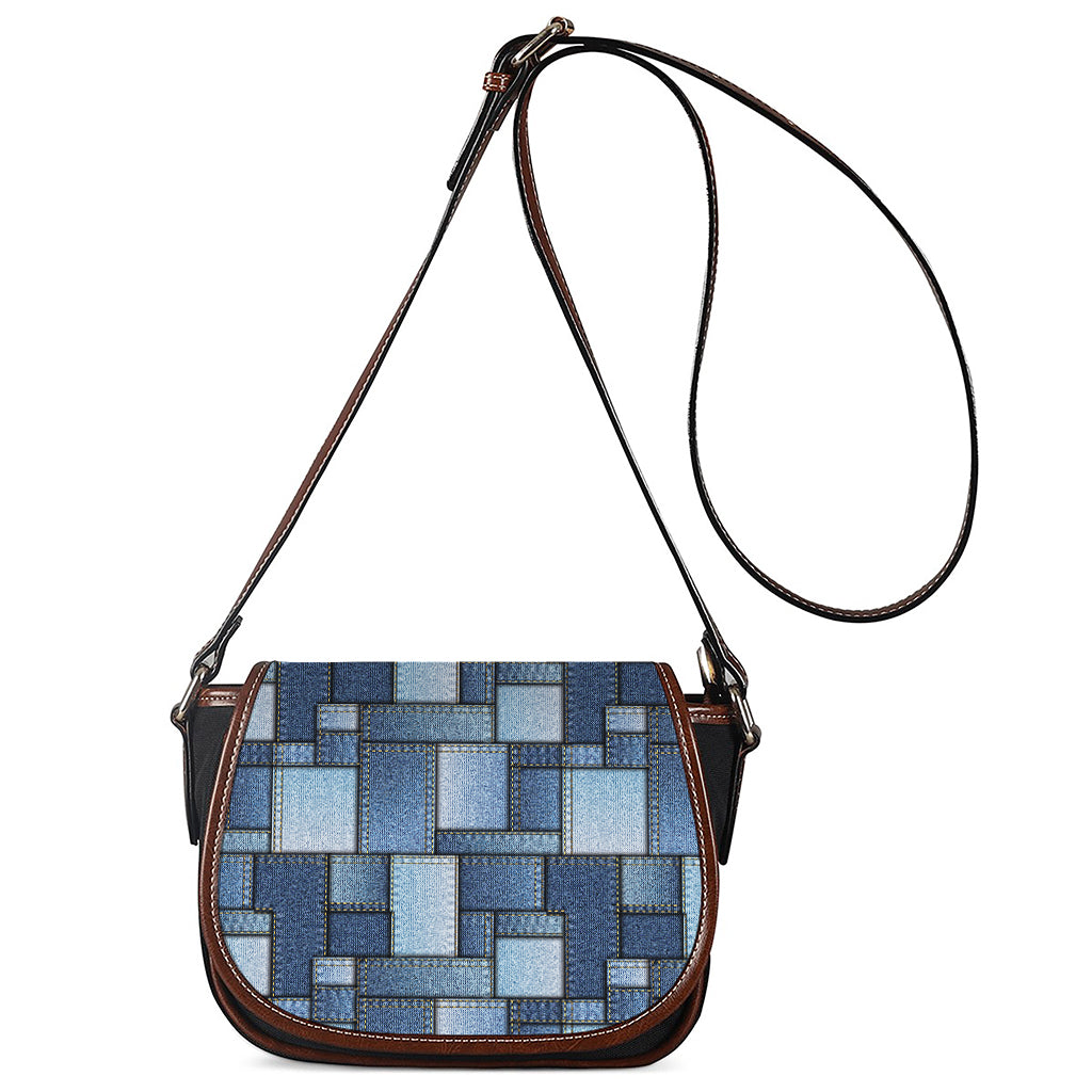 Patchwork Denim Jeans Pattern Print Saddle Bag