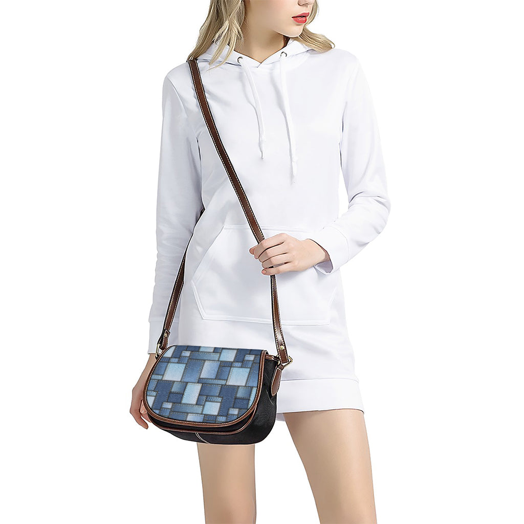 Patchwork Denim Jeans Pattern Print Saddle Bag