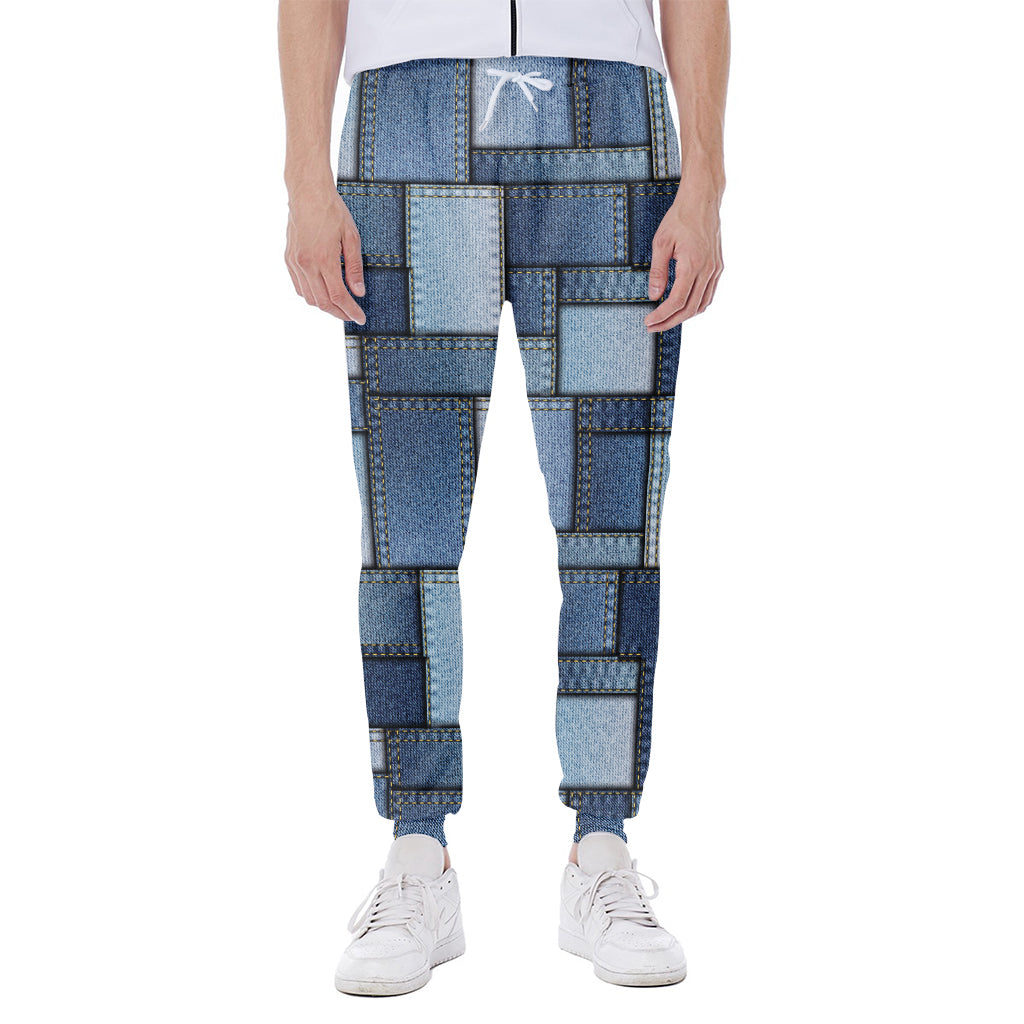 Patchwork Denim Jeans Pattern Print Scuba Joggers