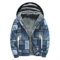 Patchwork Denim Jeans Pattern Print Sherpa Lined Zip Up Hoodie