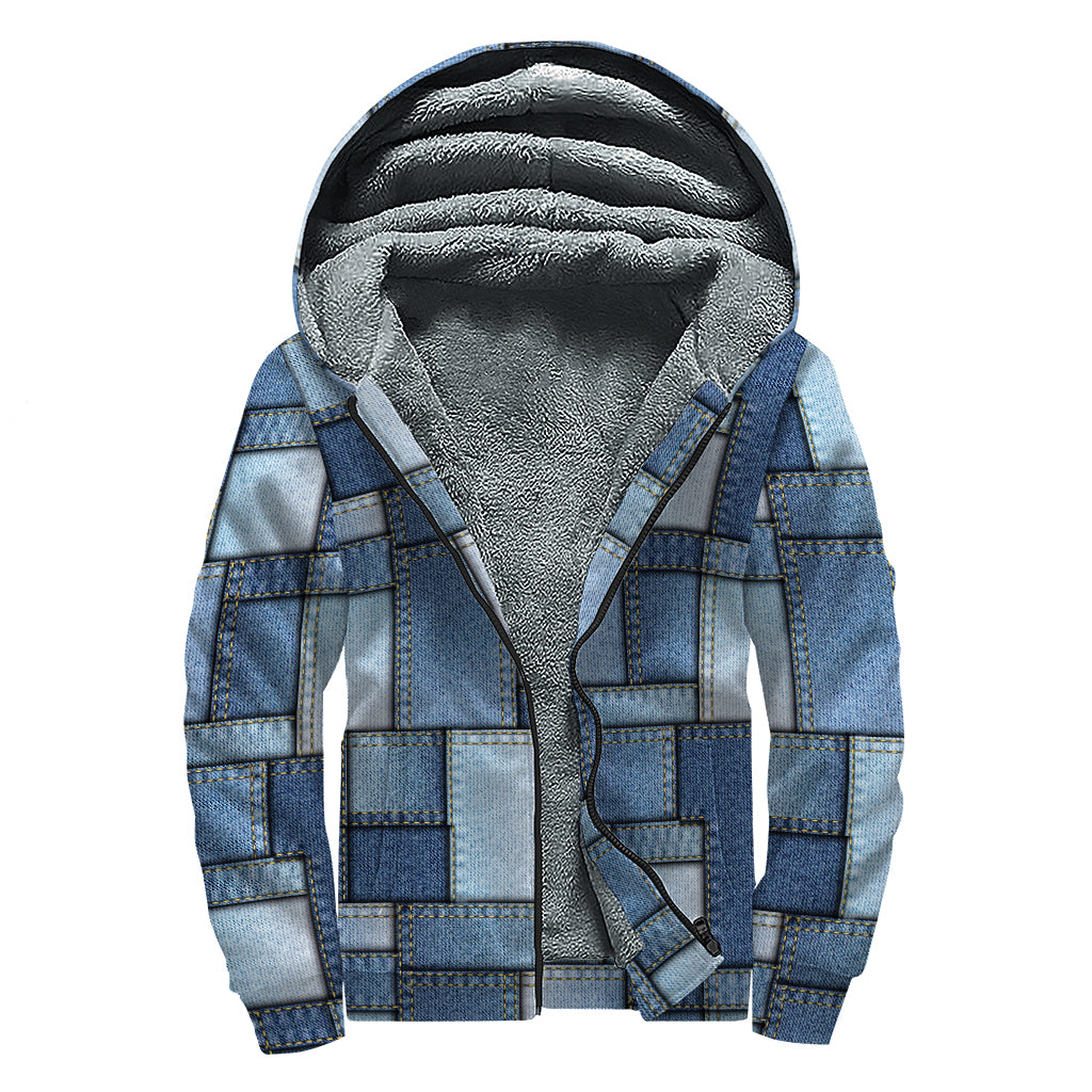 Patchwork Denim Jeans Pattern Print Sherpa Lined Zip Up Hoodie