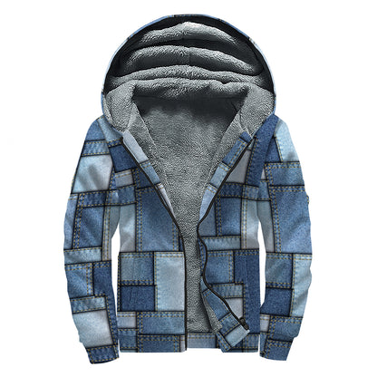 Patchwork Denim Jeans Pattern Print Sherpa Lined Zip Up Hoodie