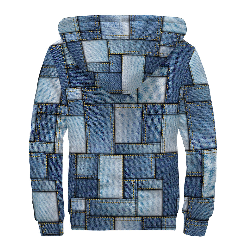 Patchwork Denim Jeans Pattern Print Sherpa Lined Zip Up Hoodie