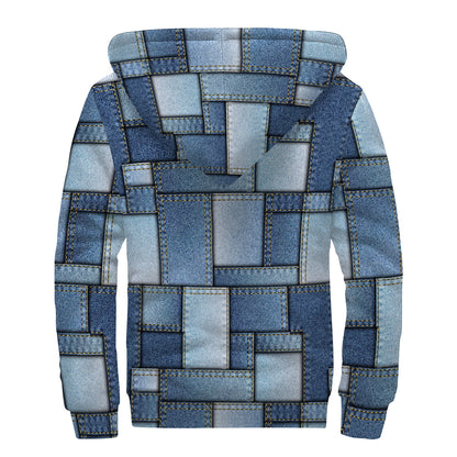 Patchwork Denim Jeans Pattern Print Sherpa Lined Zip Up Hoodie