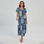 Patchwork Denim Jeans Pattern Print Short Sleeve Maxi Dress
