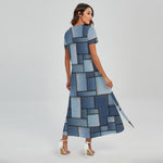 Patchwork Denim Jeans Pattern Print Short Sleeve Maxi Dress