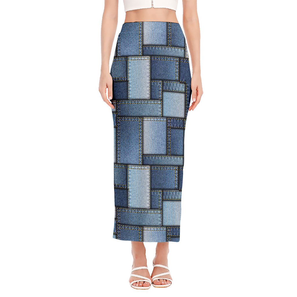 Patchwork Denim Jeans Pattern Print Side Slit Maxi Skirt