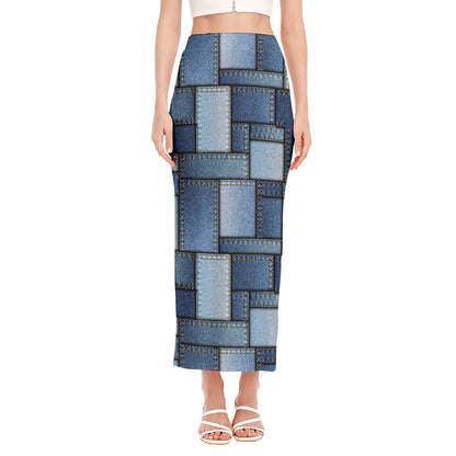 Patchwork Denim Jeans Pattern Print Side Slit Maxi Skirt