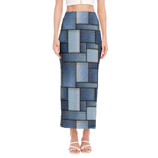 Patchwork Denim Jeans Pattern Print Side Slit Maxi Skirt