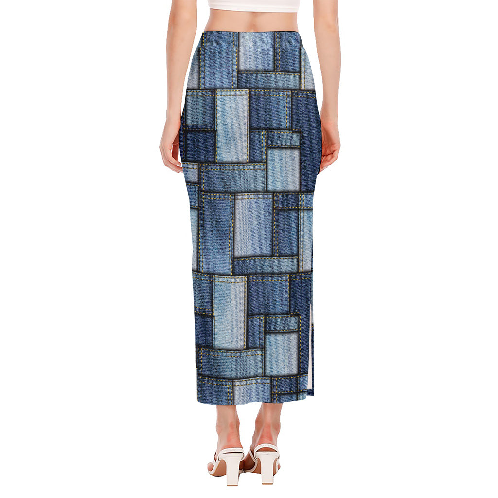 Patchwork Denim Jeans Pattern Print Side Slit Maxi Skirt