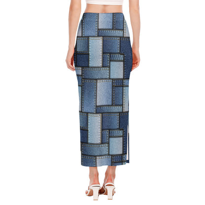 Patchwork Denim Jeans Pattern Print Side Slit Maxi Skirt
