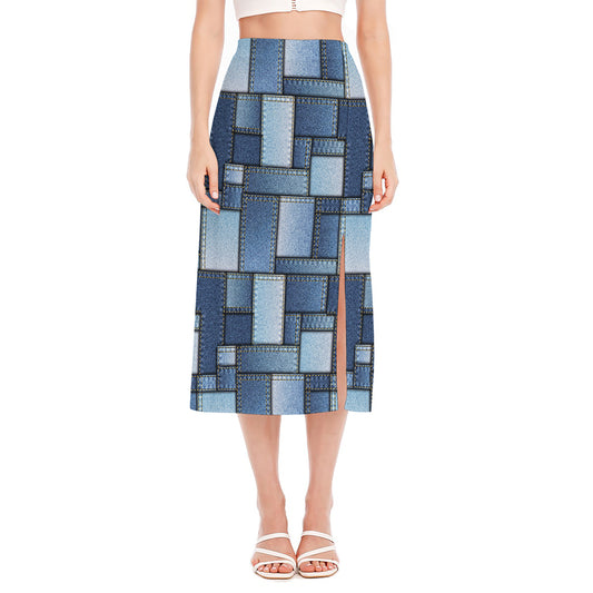 Patchwork Denim Jeans Pattern Print Side Slit Midi Skirt