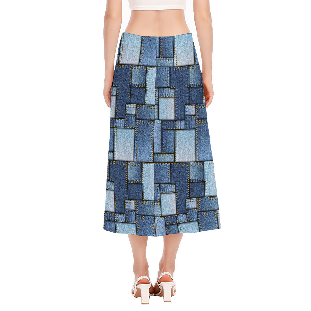 Patchwork Denim Jeans Pattern Print Side Slit Midi Skirt