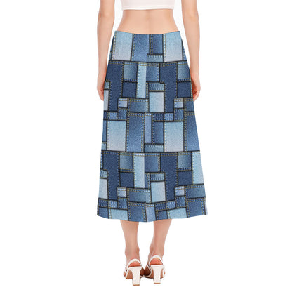Patchwork Denim Jeans Pattern Print Side Slit Midi Skirt