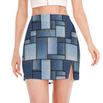 Patchwork Denim Jeans Pattern Print Side Slit Mini Skirt