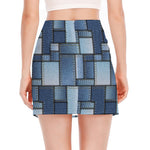 Patchwork Denim Jeans Pattern Print Side Slit Mini Skirt