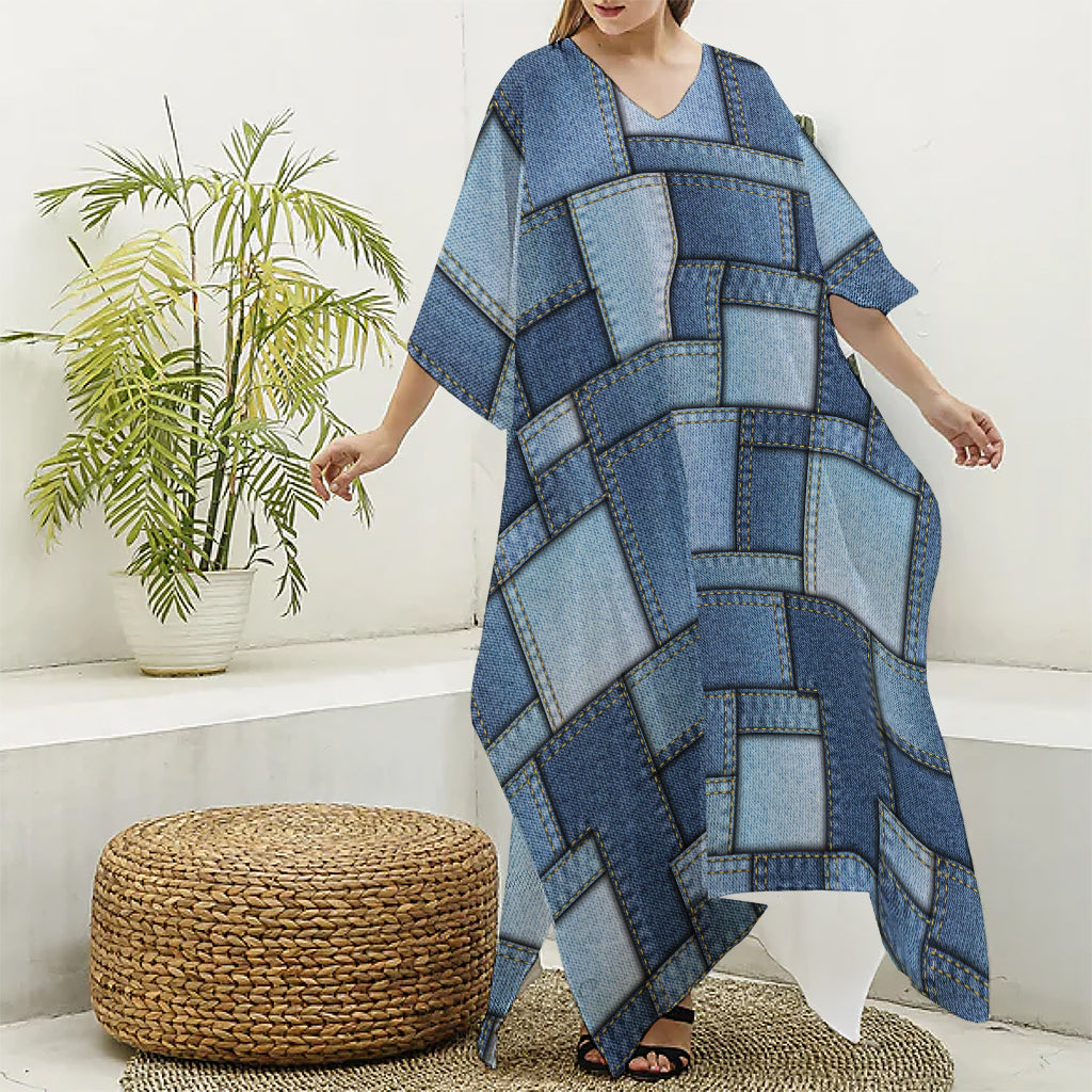 Patchwork Denim Jeans Pattern Print Silk V-Neck Kaftan Dress