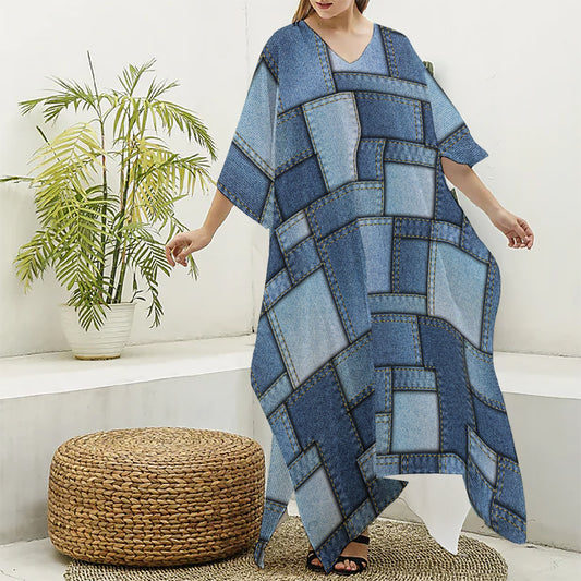 Patchwork Denim Jeans Pattern Print Silk V-Neck Kaftan Dress