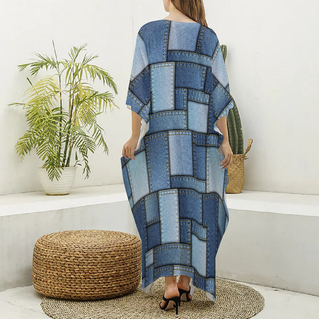 Patchwork Denim Jeans Pattern Print Silk V-Neck Kaftan Dress