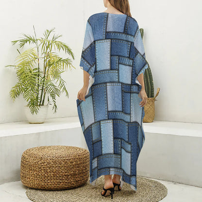 Patchwork Denim Jeans Pattern Print Silk V-Neck Kaftan Dress
