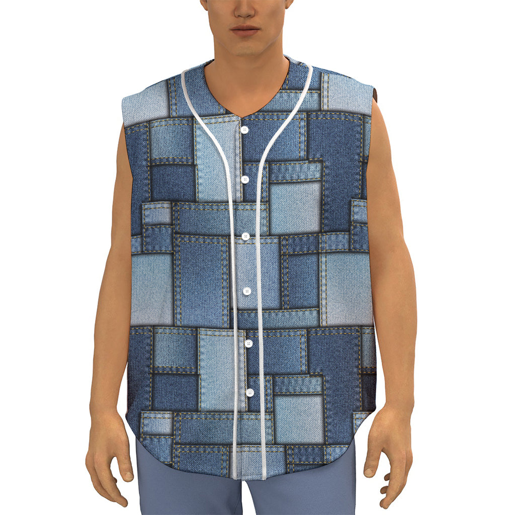 Patchwork Denim Jeans Pattern Print Sleeveless Baseball Jersey