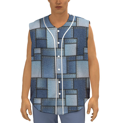 Patchwork Denim Jeans Pattern Print Sleeveless Baseball Jersey
