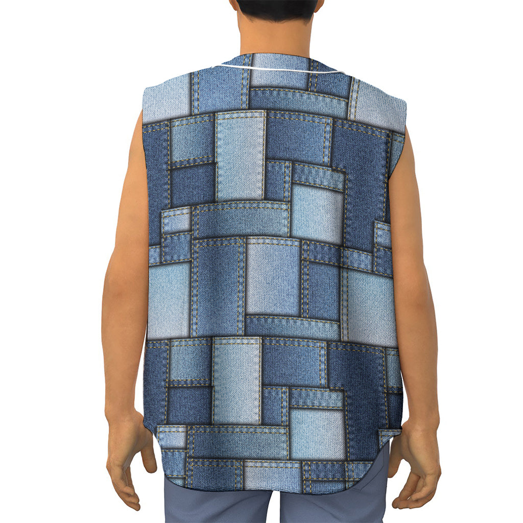 Patchwork Denim Jeans Pattern Print Sleeveless Baseball Jersey