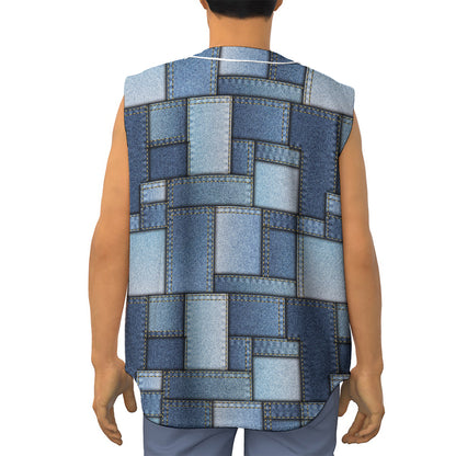 Patchwork Denim Jeans Pattern Print Sleeveless Baseball Jersey