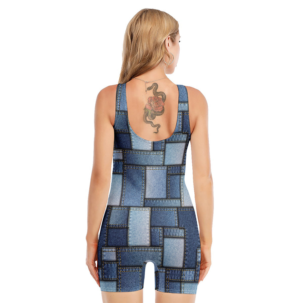 Patchwork Denim Jeans Pattern Print Sleeveless One Piece Swimsuit