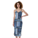 Patchwork Denim Jeans Pattern Print Slim Fit Midi Cami Dress